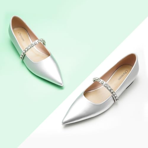 C.Paravano Crystal Strap Flats Pointed Toe Shoes Mary Jane Women's Flats for Dressy Office Causal (Size 8.5,Silver)2