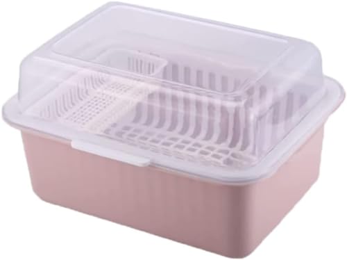 Catonlifer 水切りバスケット ラック付き 透明蓋付き 食器ドレンバスケット タテ置き 防塵 防虫 水切りカゴ お茶碗収納ボックス ディッシュ収納 食器棚 机上食器収納 (43*32*25CM,ピンク)