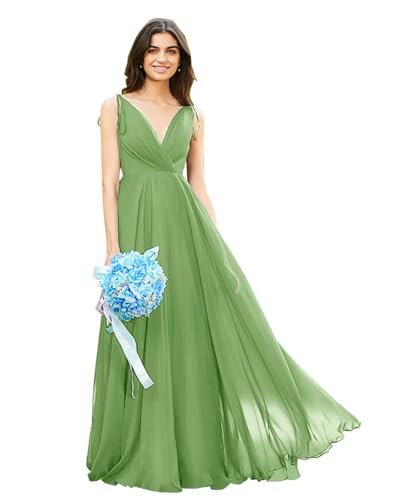 Image of HSFIYAKJ Bridesmaid Dresses Long Chiffon Formal Dress Open Back V Neck Evening Prom Gown for Women with Pockets
