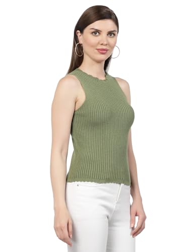 Image of Kalt Womens Knitted, Ribbed Cotton Fitted Sleeveless Round Neck Cami Tank Top