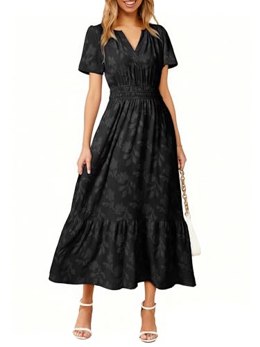 Image of Simplee Womens Summer Boho Maxi Dress Semi Formal Wedding Guest Short Sleeve V Neck Empire Waist Floral Long Dresses
