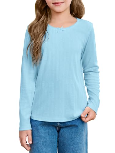 Haloumoning Girls Long Sleeve Shirts Kids Crewneck Tops Cute Mesh Blouse Tee 5-14 Years