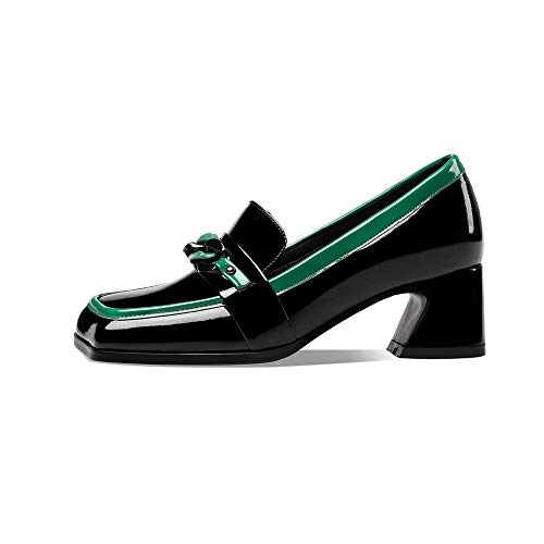 Image of TinaCus Women's Patent Leather Square Toe Chic Loafers | 2 Inch Chunky Heel, Handmade, Assorted Color, Chain
