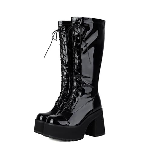UniqueStride Womens Chunky Platform Knee High Boots High Heel Patent Leather Lace Up Round Toe Goth Boots2