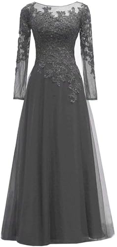 HUINI Tüll Abendkleider Spitze Ballkleider Lang A-Linie Brautjungfernkleider Brautkleid Vintage Festkleid Langarm Tiefes Grau 36
