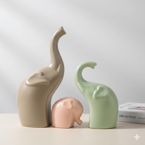 URBAN SENSE | Elephant Family Matte Finish Ceramic Figures | Home Decor Living Room Decorative Items Showpieces House Warming Gifts for New Home | Grey Light Green Pink | (Elephant Family 2)