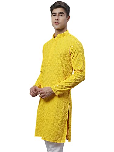 Image of Jompers Yellow Yellow Chikankari Embroidered and Sequence Kurtas. (Yellow, 5XL)