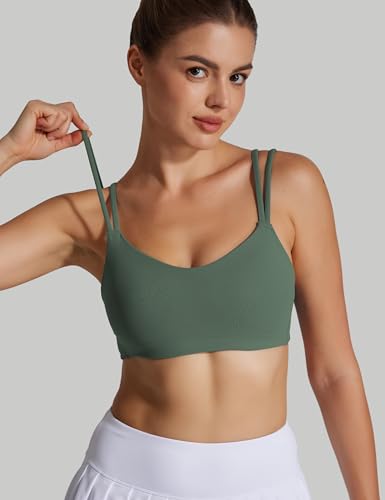 Image of Yoga Sports Workout Bras for Women Seamless Molded Cup Spaghetti Double Strap Bra Wirefree Scoop Neck Tank Top Bras