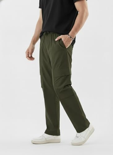 Image of Men's Cotton Cargo Pants | Straight Fit Casual Trousers for Men with Pockets | Lightweight & Breathable Pants with Elastic Waistband & Drawstring | Comfortable Lower for Mens