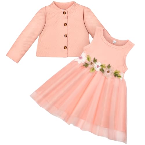 Vicloon Baby Mädchen Kleid mit Strickjacke Set, Baumwollkleid, Kleinkind Ärmellose Blumen Tüll Tutu Kleider und Langarm Waffel, 2 Stück ärmellosem Tüllkleid Outfit Set für Mädchen 9-12 Monate, Rosa