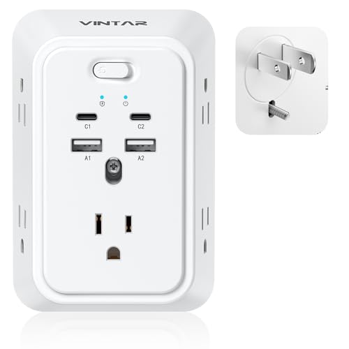 VINTAR 2 to 3 Prong Outlet Adapter 2 Prong Power Strip with 5 AC Outlets & 4 USB (2 USB C) Polarized Plug 3-Sided Wide Spaced Surge Protector Wall Mount for Non-Grounded Plug Old Homes & Hotels