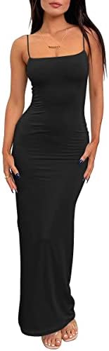 LILLUSORY Womens Summer Casual Slip Dresses Spaghetti Strap Double Lined Bodycon Maxi Dress