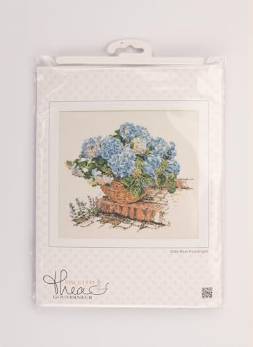 Image of Thea Gouverneur - Counted Cross Stitch Kit - Blue Hydrangea - Aida - 16 Count - Embroidery Kits for Adults - Crafts - DMC Embroidery Threads and Other Cross Stitch Supplies Included - 2046A