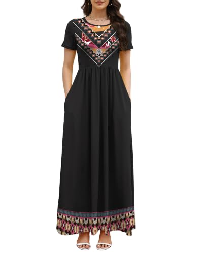 Image of COSSEN Women's Crew Neck Short Sleeve Maxi Dress with Pockets Casual Loose Swing for Wedding Guest Beach Vacation