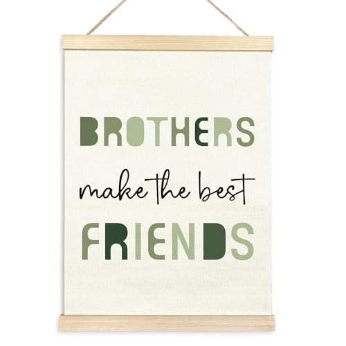 Image of TAEDIN Nursery Brother Make The Best Friends Poster Hanger Frame, Blue Boys Quotes Wood Wooden Canvas Artwork Print, Toddler Boys Room Wall Decor Painting for Kids Play Room Bedroom Decor 12X16(green)