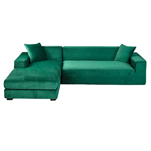 Velvet L Shaped Sectional Couch Cover Set for Corner Sofa 2 Piece Stretch Slipcover Soft Furniture Protector Green Fits 4+3 Seater