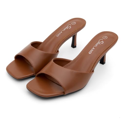 Image of Shoe Land Women's Low Heels Stiletto Heeled Slides, Open Toe One Band Slip-On Heeled Mules - Dressy Heeled Sandals for Prom, Party Wedding and Vacation