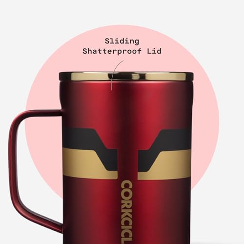 Corkcicle Marvel 16 Ounce Coffee Mug Triple Insulated Stainless Steel Cup with Clear Lid and Silicone Bottom for Hot Drinks, Iron Man