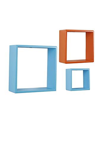 Image of Home Sparkle Wood Wall Mounted Floating Shelves | 3 Set Decorative Cube Shelves Rack | Ideal for Decoration in Living Room, Bedroom & Wall Floating Bookshelf (Lacquer Finish, Blue and Orange)