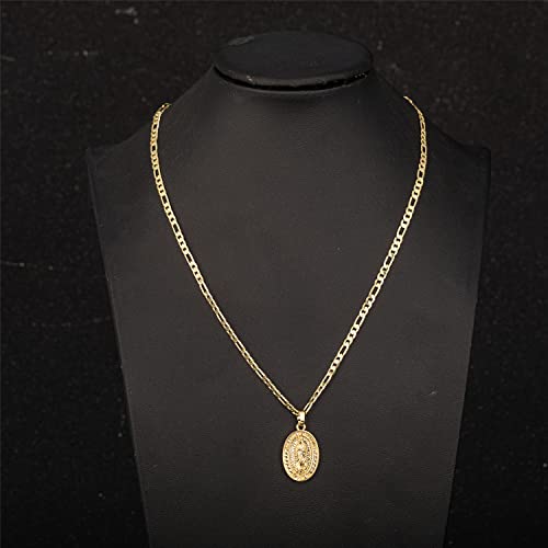 kelistom 14K Gold Plated Virgin Mary Guadalupe Pendant Necklace for Women Men 3mm Flat Figaro Chain Necklace 18/22 inches4