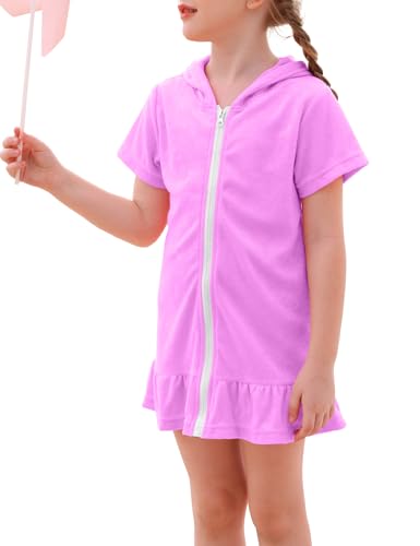 Image of Swim Cover Up Girls Multicolor Short Sleeve Ruffle Bathing Suit Hooded Zip-Up Terry Swimsuit for Toddler Kids