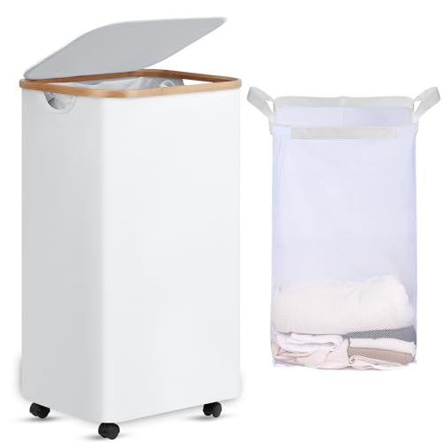 Image of efluky Laundry Basket with Wheels, Tall Rolling Laundry Hamper with Lid and Removable Bag, Aesthetic Dirty Clothes Hamper on Wheels for Laundry Room, Bedroom, Dorm and Bathroom, 100L White
