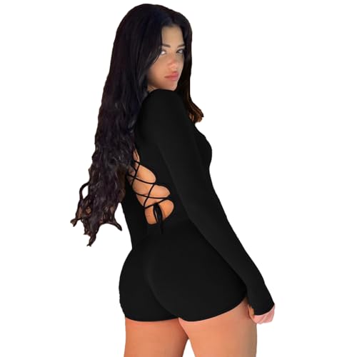 RPAEOY Damen Jumpsuit Langarm Kordelzug Rundhalsausschnitt Hosenanzug Strampler Overall Playsuit Bodycon Shorts Bodysuit Sexy Sportkleidung Trainingsanzug für Yoga Workout (Schwarz,S)