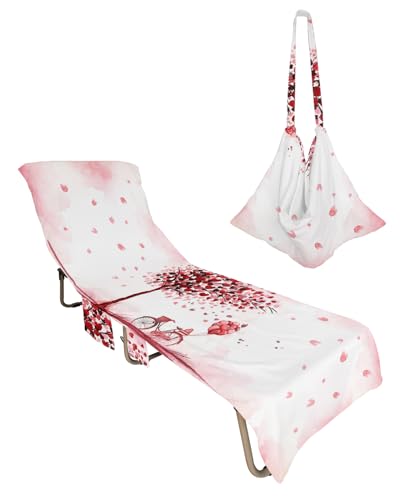 Heart Tree Beach Chair Towel Covers for Chaise Lounge with Side Pocket, Soft Plush Pool Towels Cover for Patio Sunbathing Outdoor 29''x85'' Valentine's Watercolor Tree Love Bicycle