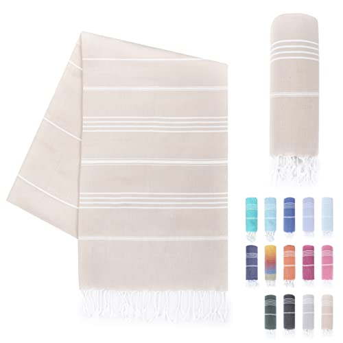 LAYNENBURG Serviette de Plage avec Franges - 100% Coton - Serviette de fouta hammam XXL 95x180 cm - Oeko-TEX 100 - Peshtemal Grande - Serviette de Sauna & Drap de Bain (Beige)
