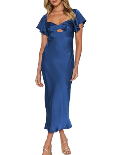 Summer Satin Flutter Sleeve Wedding Guest Dresses for Women Sweetheart Neckline Cutout Tie Back Midi Cocktail Dress