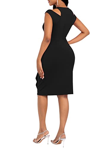 Women's Vintage Bodycon Peplum Work Dress Sleeveless Cold Shoulder Round Neck Ruffled Pencil Dress #TOP2