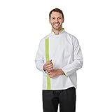 Qualité profesisonnelle Veste de Cuisine Manches Longues Blanche Finition Vert Lime col Poches Fermeture par Pressions cachées T46