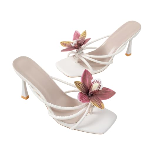 Women's White Leather High Heel Sandals - Floral Accent Square Toe Sandals with Pearl Anklet - Elegant Wedding & Party Shoes