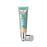 IT Cosmetics, Base de Maquillaje Matificante y Control de Brillo 16h, Minimiza Poros, Hidrata 24h, Your Skin But Better CC+ Natural Matte SPF 40, Tono Light Medium, 32 ml