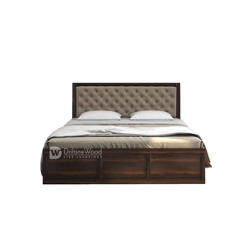DRIFTINGWOOD Dolvi Solid Sheesham Wood King Size Bed with Storage | Wooden Double Bed Cot Bed with Box Storage & Matt Beige Mink Velvet Upholstered Cushioned Headboard for Bedroom | Walnut Finish