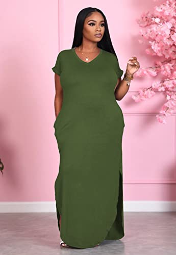 Image of Women Summer V Neck Loose Side Split Maxi Dresses with Pocket