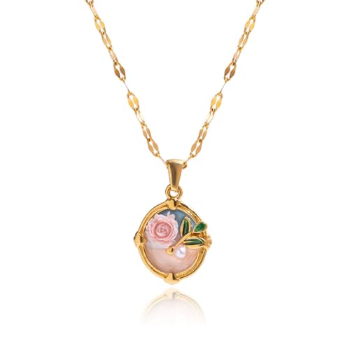 Image of 18k Gold Plated Vintage Dainty Pink Gemstone Bow Pendant Necklace Women Court Style Oval Cut Zircon Necklace