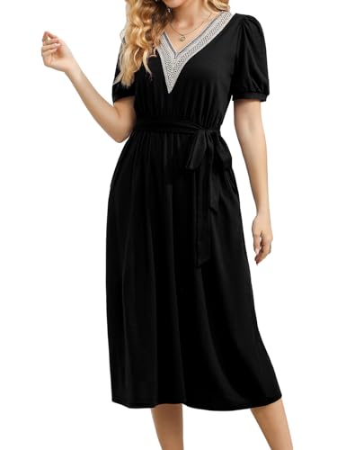 Women's Summer Elegant Short Sleeve V-Neck Double Pockets Dresses Casual Midi Length Flared A Line Dress with Belt 7084
