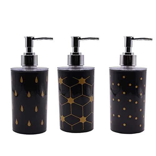 SHENRON-Black-Soap-Dispenser-Bottle-with-Decorative-Design-Chrome-Finish-Pump-and-Rust-Proof-Refillable-Liquid-Soap-Dispenser-for-Bathroom-Kitchen-Hand-Soap-Set-of-3Plastic Black Soap Dispenser Bottle with Decorative Design