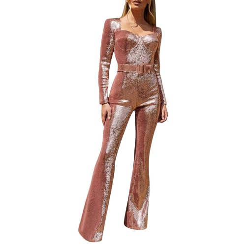 Generisch Disfraz de discoteca para mujer, traje de los años 70, mono brillante, elegante, manga larga, cuello de pico, traje largo con lentejuelas, traje de pantalón con cinturón, fiesta, clubwear