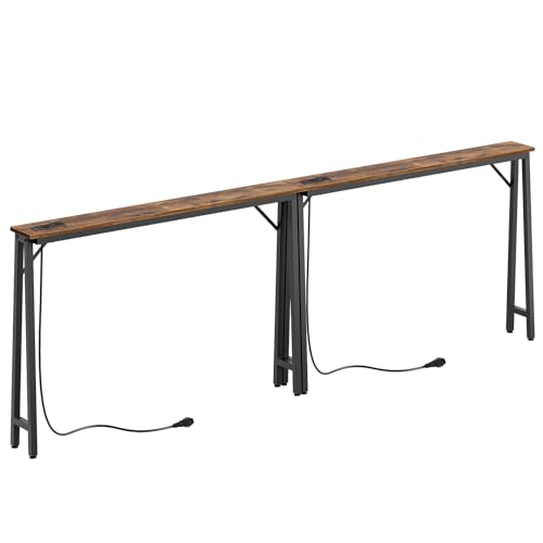 YATINEY 15 cm breite Konsolentische, 2er Set, Lange schmale Flurtische, Eingangstische hinter dem Sofa, mit Ladestation, Metallgestell, für Eingangsbereich, Flur, Vintagebraun-Schwarz XCT05L2CBR