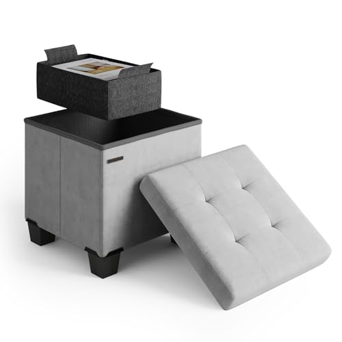 Storage Ottoman Cube with Small Bin, 15-in Square Ottoman with Storage for Living Room and Bedroom, Small Ottomans Foot Rest, Velvet Foot Stools Ottomans Max 330lbs, Light Grey