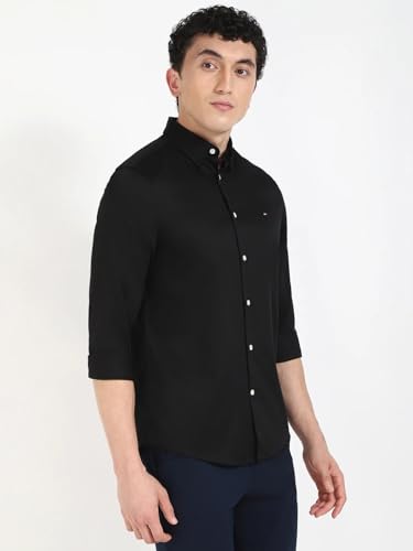 Image of Tommy Hilfiger Solid Slim-Fit Satin Woven Shirt Black