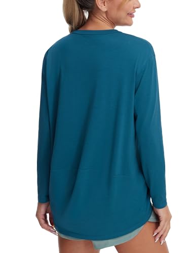 THE GYM PEOPLE Women's Long Sleeve Workout Shirts Loose Fit V-Neck Running T-Shirts Tops Dark Blue Green — view 5