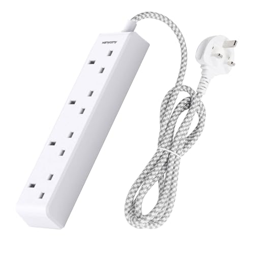 4 Gang Extension Lead 2M, HANYCONY Multi Plug Extension Socket with Braided Cable, 13A 3250W UK Power Strip, Durable Electric Extension Cord for Office, Bedroom, Kitchen Accessories, White
