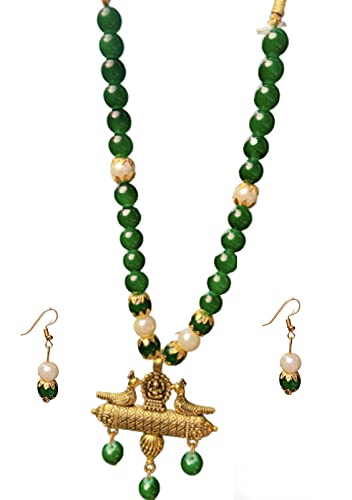 Gold-Plated Necklace Of Green And White Pearls With 1 Pair Of Earings For Women And Girls