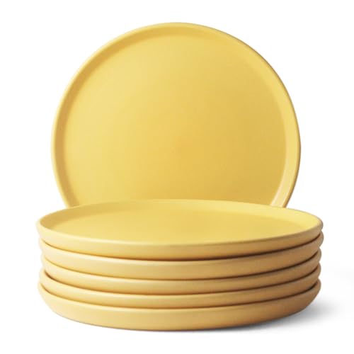Image of Ceramic Dinner Plates, 6 Pcs | Rim Plate for Easy Eating | Microwave, Oven, Dishwasher Safe | Set of 6 Ceramic Plates for Dinner | Handmade | (Aamras Yellow, Set of 6 Dinner Plates)