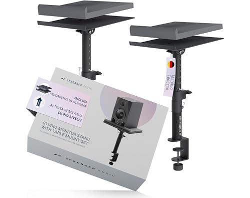 Sprenger Audio Supporto Altoparlante con Staffa da Tavolo – Inclinabile ±20°, fino a 28 kg – Con Assorbitore in Schiuma – Robusto – per Studio, Scrivania & DJ Set - Nero
