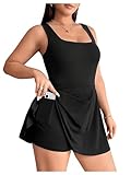 SOLY HUX Women's Plus Size Sleeveless Rompers Square Neck Athletic Tennis Dress Built in Shorts Plain Black 3X-Large Plus