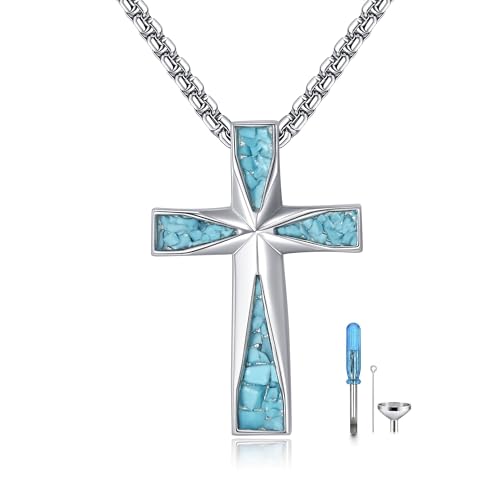 Cross Urn Necklaces for Ashes 925 Sterling Silver Turquoise Cross Urn Pendant Necklace Cremation Urn Jewelry for Men Women